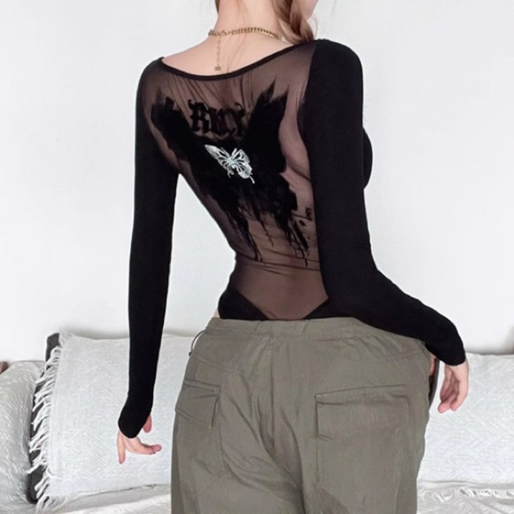 Chic Black Sheer Bodysuit with Graphic Design